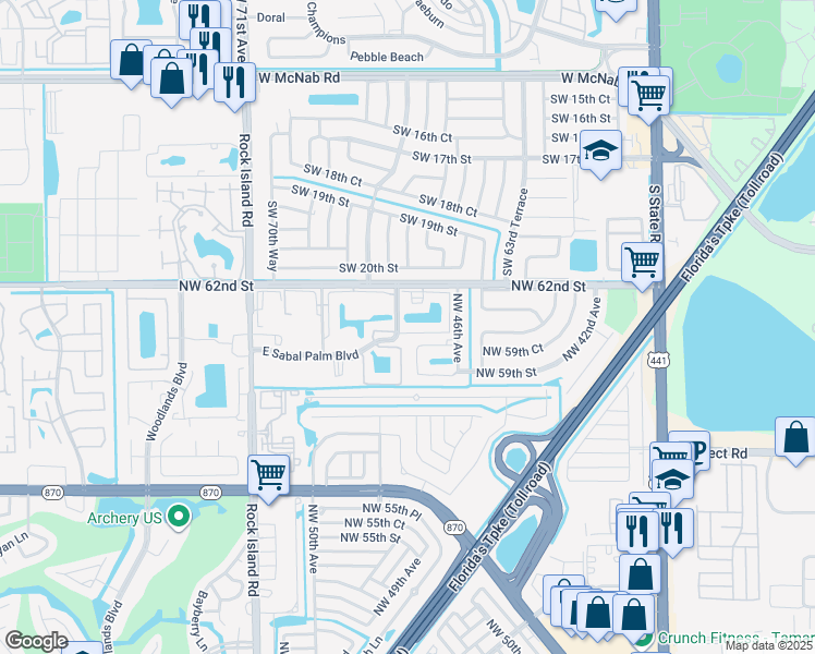 map of restaurants, bars, coffee shops, grocery stores, and more near 5881 Northwest 46th Avenue in Tamarac