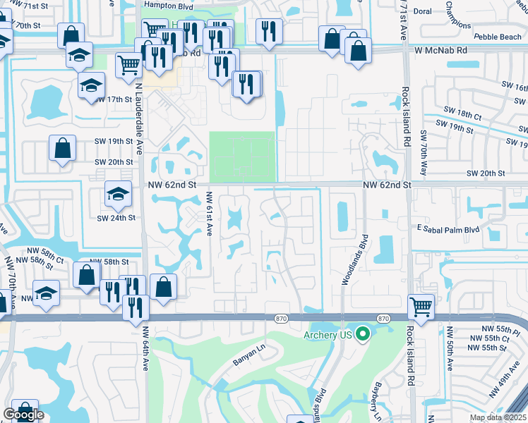 map of restaurants, bars, coffee shops, grocery stores, and more near 6021 Woodland Point Drive in Tamarac