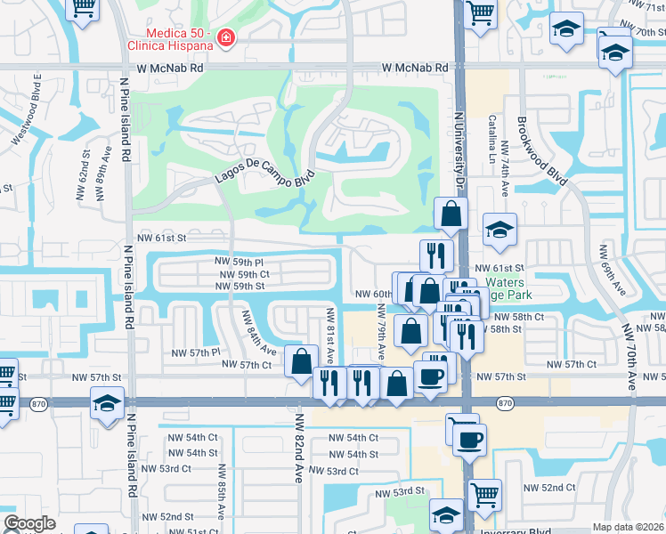 map of restaurants, bars, coffee shops, grocery stores, and more near 8103 Northwest 81st Avenue in Tamarac