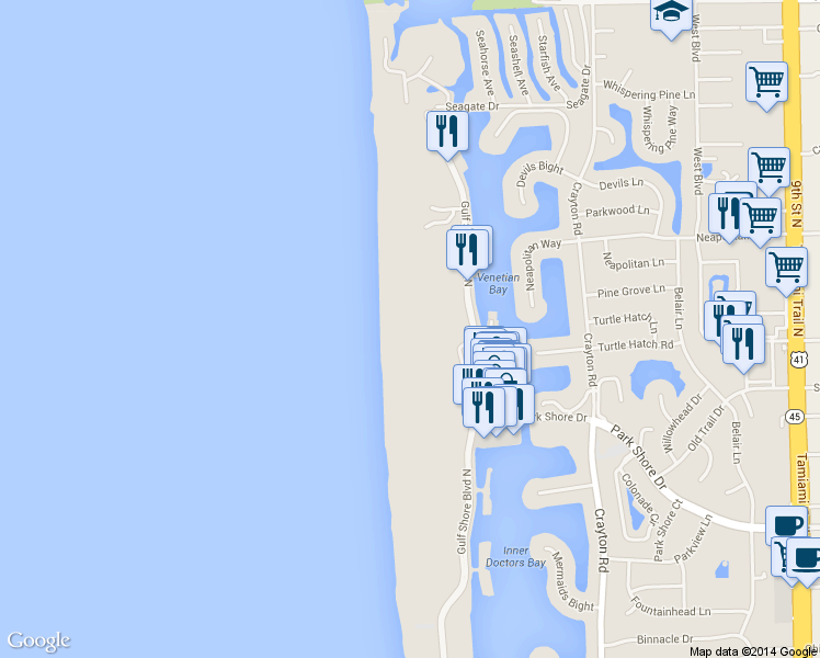 map of restaurants, bars, coffee shops, grocery stores, and more near 4301 Gulf Shore Boulevard North in Naples