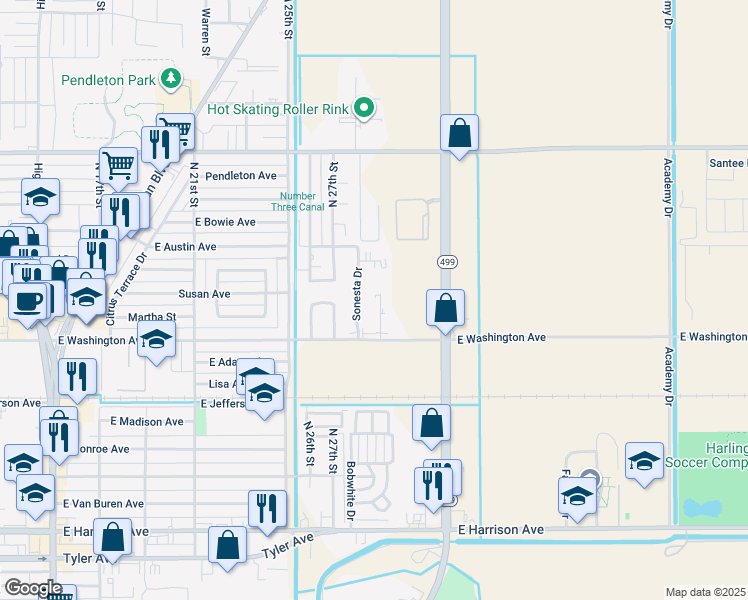 map of restaurants, bars, coffee shops, grocery stores, and more near 718 Sonesta Drive in Harlingen