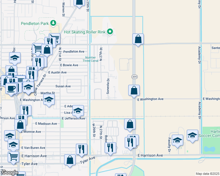 map of restaurants, bars, coffee shops, grocery stores, and more near 718 Sonesta Drive in Harlingen