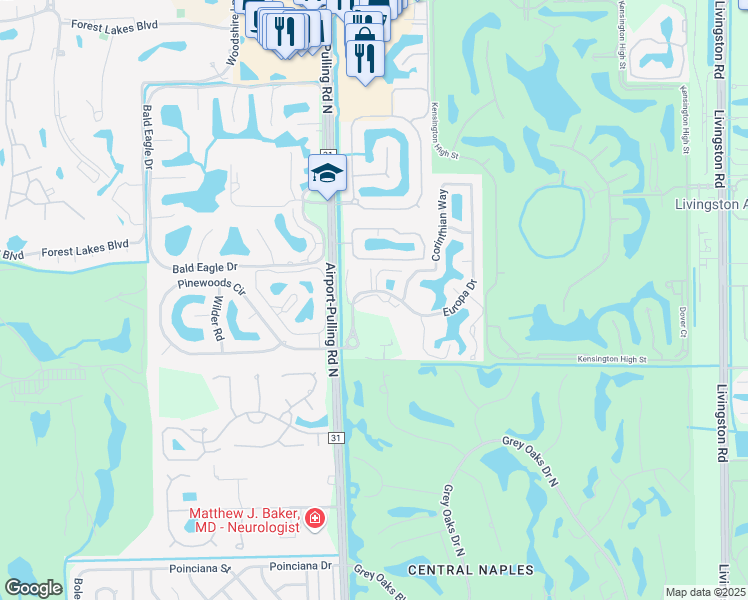 map of restaurants, bars, coffee shops, grocery stores, and more near 3308 Europa Drive in Naples