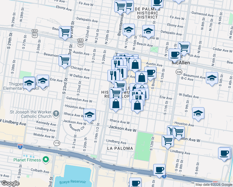 map of restaurants, bars, coffee shops, grocery stores, and more near 1717 Fresno Avenue in McAllen