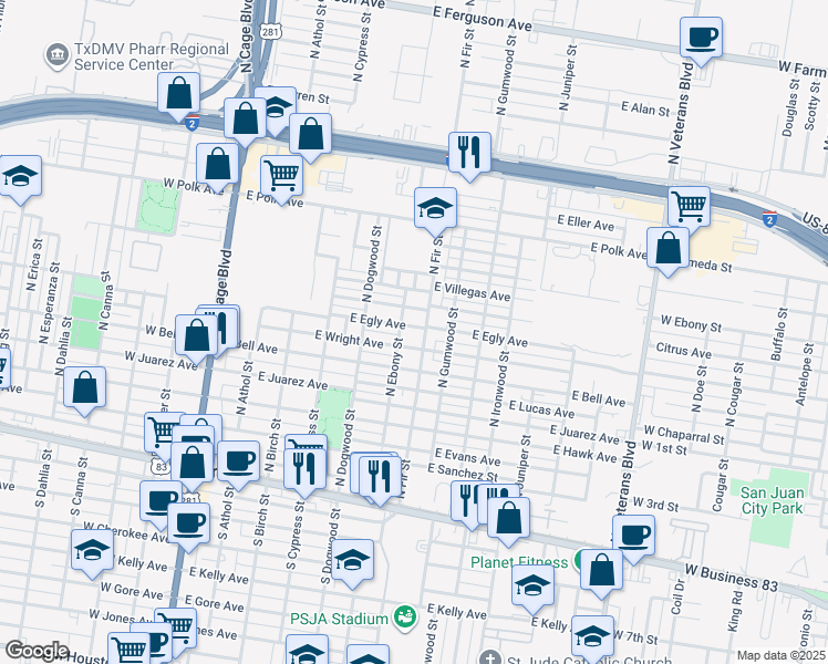 map of restaurants, bars, coffee shops, grocery stores, and more near 512 North Fir Street in Pharr