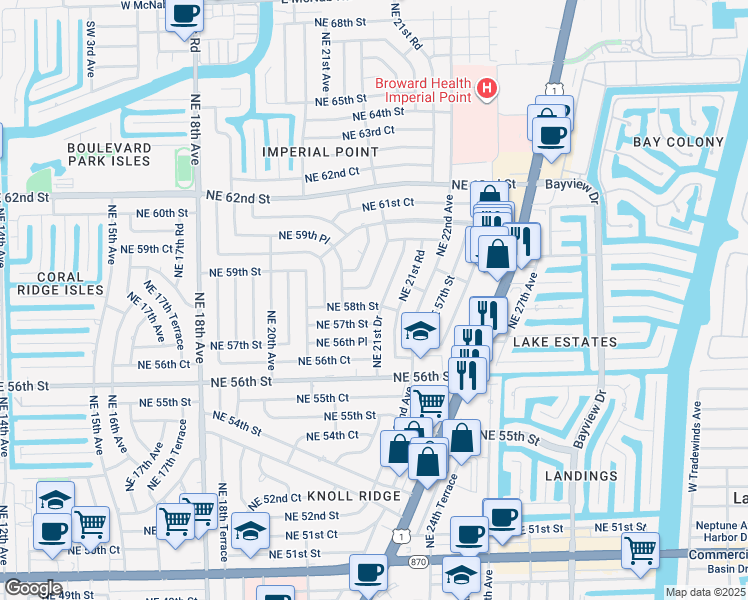 map of restaurants, bars, coffee shops, grocery stores, and more near 5706 Northeast 21st Drive in Fort Lauderdale