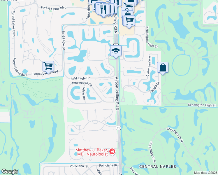 map of restaurants, bars, coffee shops, grocery stores, and more near 200 Misty Pines Circle in Naples