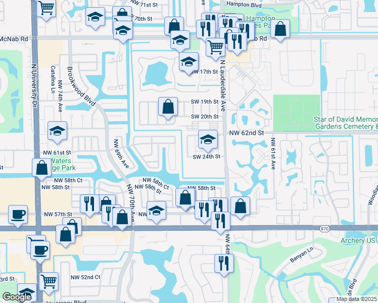 map of restaurants, bars, coffee shops, grocery stores, and more near 8280 Southwest 24th Street in North Lauderdale