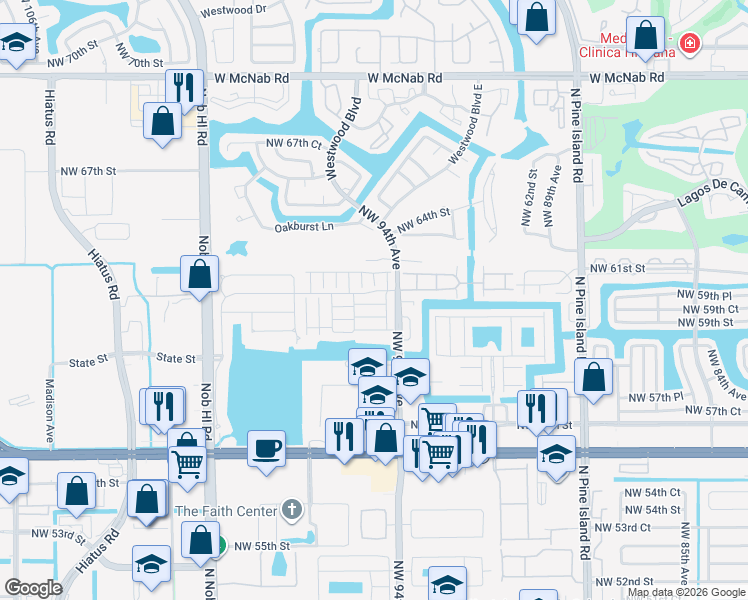 map of restaurants, bars, coffee shops, grocery stores, and more near 9501 Stanley Lane in Tamarac