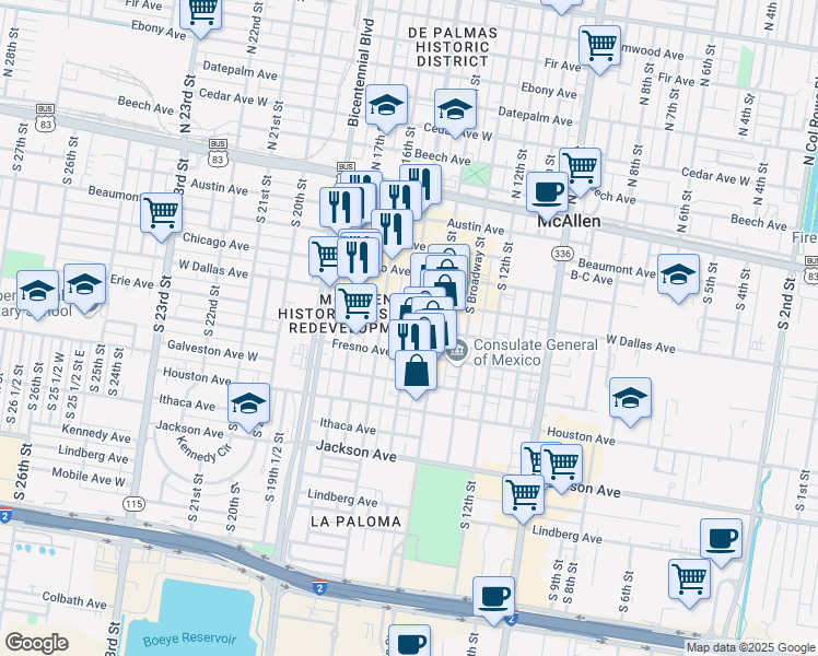 map of restaurants, bars, coffee shops, grocery stores, and more near 500 South 15th Street in McAllen