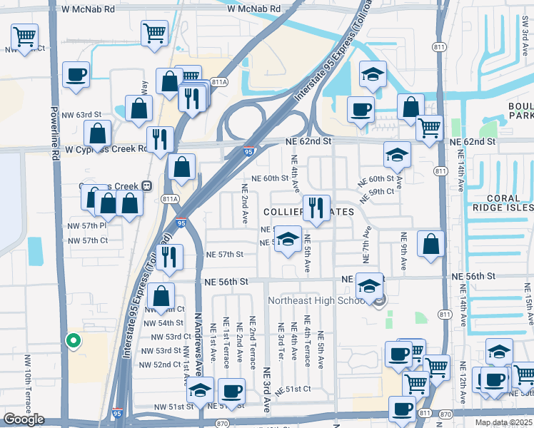 map of restaurants, bars, coffee shops, grocery stores, and more near 5800 Northeast 2nd Terrace in Fort Lauderdale