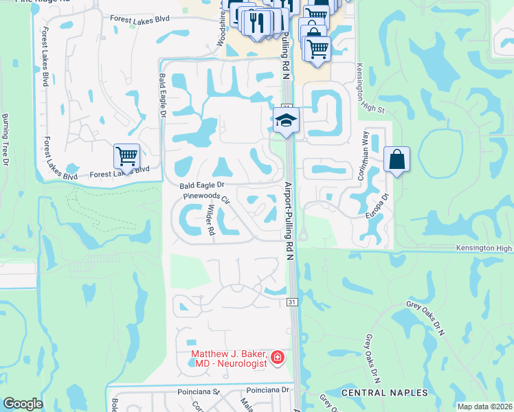 map of restaurants, bars, coffee shops, grocery stores, and more near 2425 Pinewoods Circle in Naples