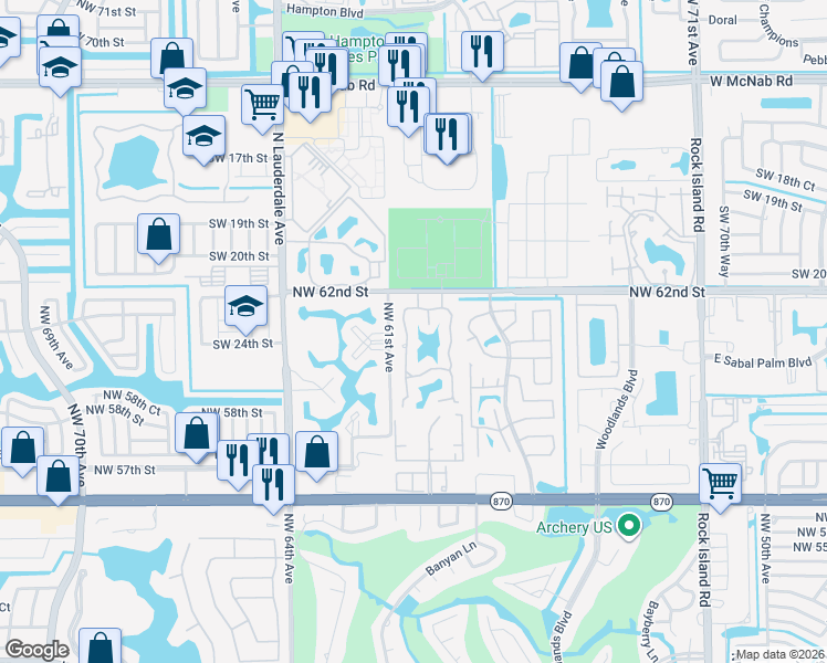 map of restaurants, bars, coffee shops, grocery stores, and more near 6194 Pine Tree Lane in Tamarac