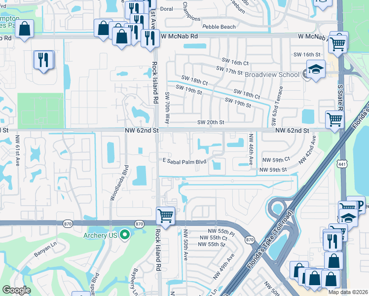 map of restaurants, bars, coffee shops, grocery stores, and more near 6075 North Sabal Palm Boulevard in Tamarac