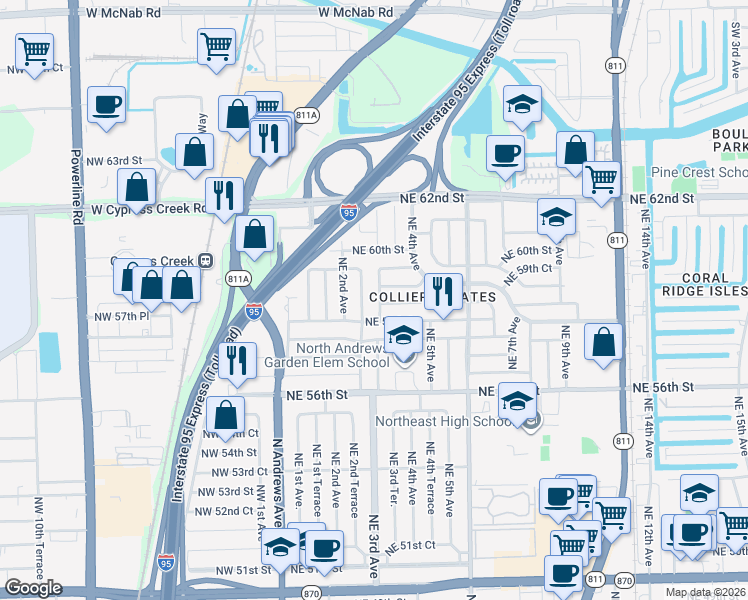 map of restaurants, bars, coffee shops, grocery stores, and more near 5800 Northeast 2nd Terrace in Fort Lauderdale
