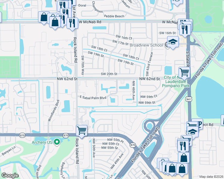 map of restaurants, bars, coffee shops, grocery stores, and more near 4975 East Sabal Palm Boulevard in Tamarac
