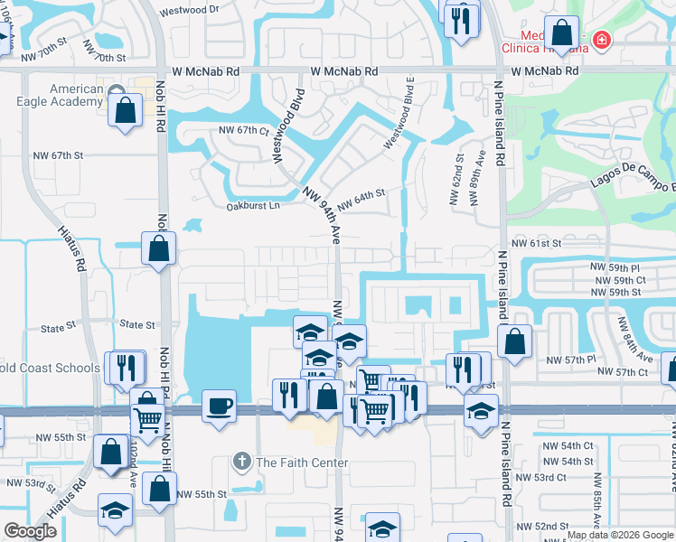 map of restaurants, bars, coffee shops, grocery stores, and more near 5946 Northwest 93rd Terrace in Tamarac