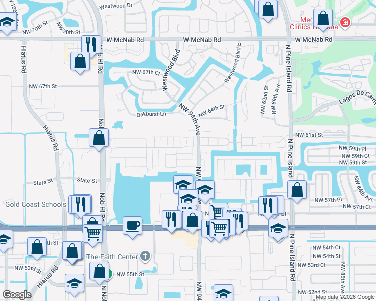 map of restaurants, bars, coffee shops, grocery stores, and more near 9481 Bradshaw Lane in Tamarac