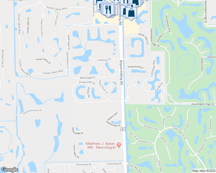 map of restaurants, bars, coffee shops, grocery stores, and more near 2425 Pinewoods Circle in Naples