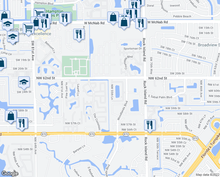 map of restaurants, bars, coffee shops, grocery stores, and more near 6131 Northwest 55th Lane in Tamarac