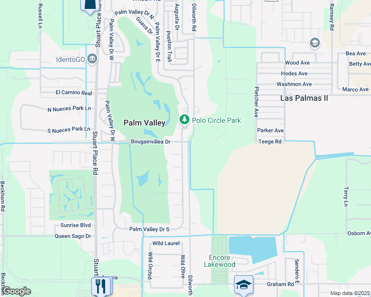 map of restaurants, bars, coffee shops, grocery stores, and more near 616 Palm Valley Drive East in Harlingen