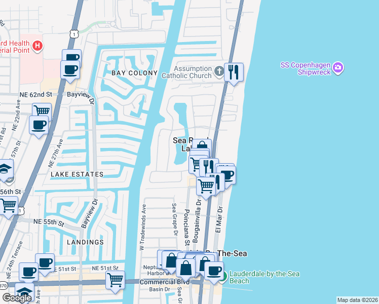 map of restaurants, bars, coffee shops, grocery stores, and more near 2 Winona Lane in Sea Ranch Lakes