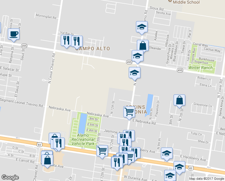 map of restaurants, bars, coffee shops, grocery stores, and more near 823 North 12th Street in Alamo