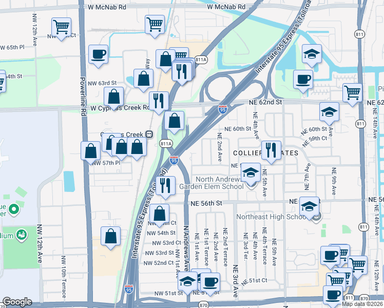 map of restaurants, bars, coffee shops, grocery stores, and more near 6520 North Andrews Avenue in Fort Lauderdale