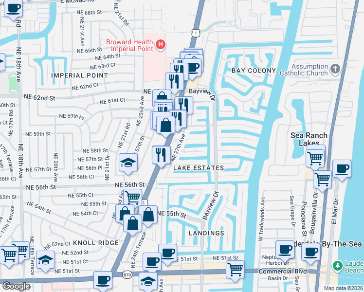 map of restaurants, bars, coffee shops, grocery stores, and more near 5800 North Federal Highway in Fort Lauderdale