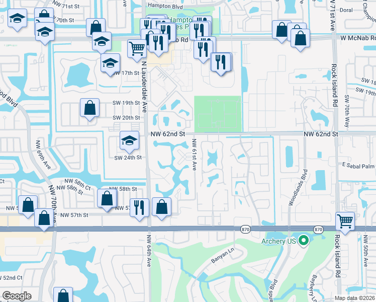 map of restaurants, bars, coffee shops, grocery stores, and more near 6099 Buckeye Court in Tamarac