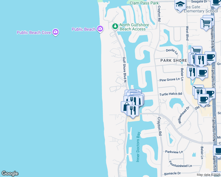 map of restaurants, bars, coffee shops, grocery stores, and more near 4401 Gulf Shore Boulevard North in Naples