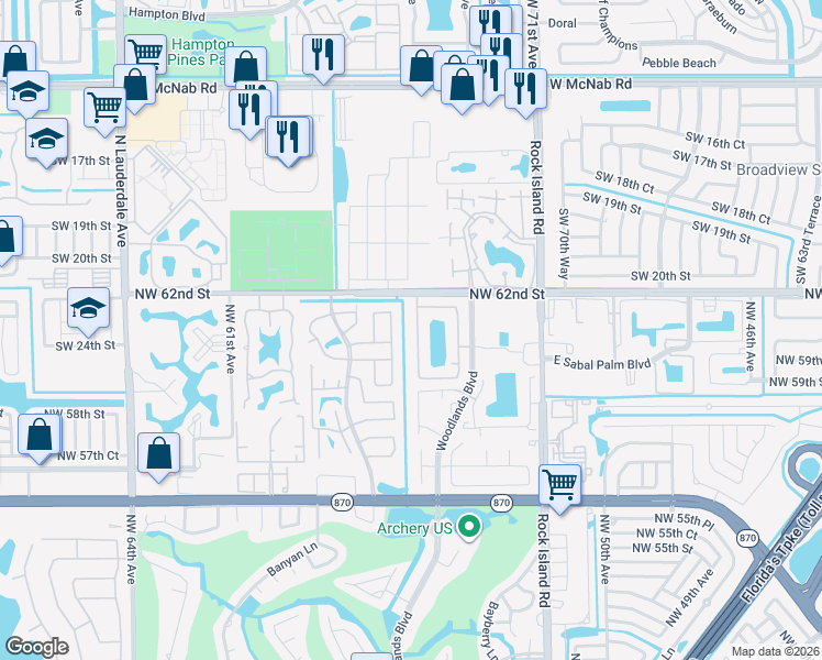map of restaurants, bars, coffee shops, grocery stores, and more near 6131 Northwest 55th Lane in Tamarac
