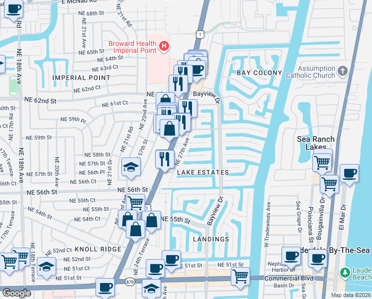 map of restaurants, bars, coffee shops, grocery stores, and more near 5800 North Federal Highway in Fort Lauderdale