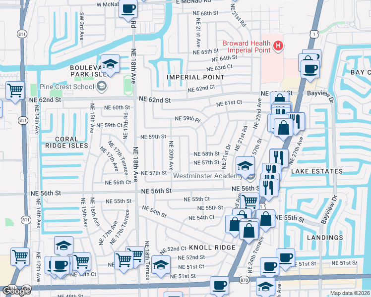 map of restaurants, bars, coffee shops, grocery stores, and more near 5850 Northeast 21st Avenue in Fort Lauderdale