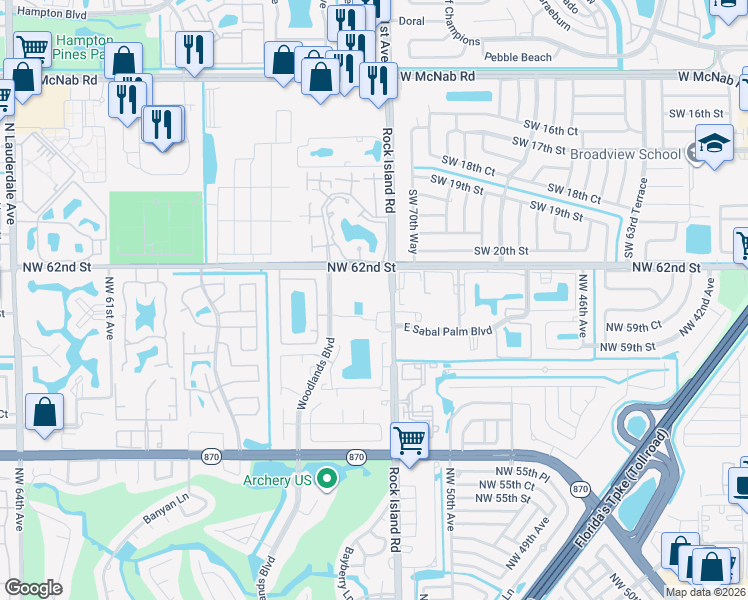 map of restaurants, bars, coffee shops, grocery stores, and more near 6195 Rock Island Road in Tamarac