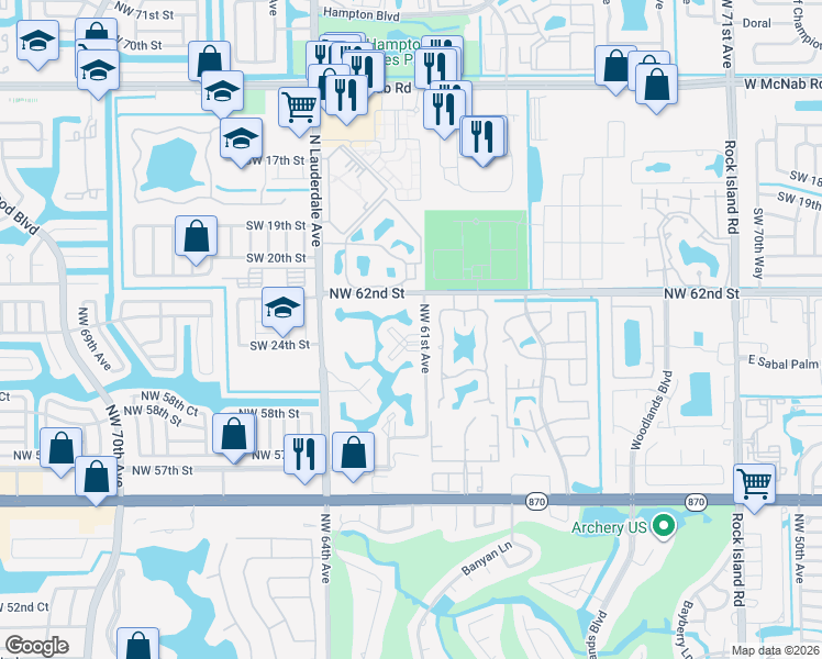 map of restaurants, bars, coffee shops, grocery stores, and more near 6099 Buckeye Court in Tamarac
