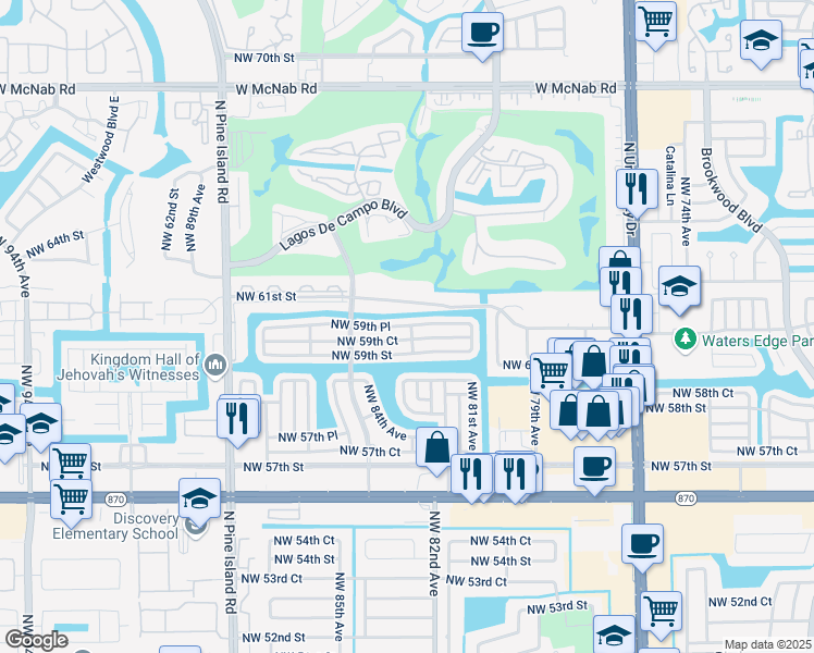 map of restaurants, bars, coffee shops, grocery stores, and more near 8205 Northwest 61st Street in Tamarac