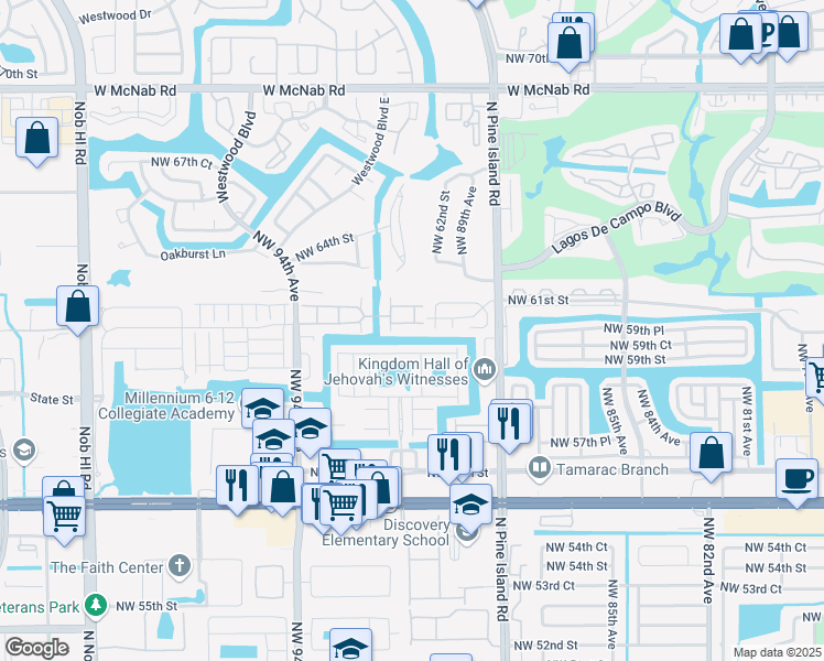 map of restaurants, bars, coffee shops, grocery stores, and more near 6015 Northwest 89th Avenue in Tamarac