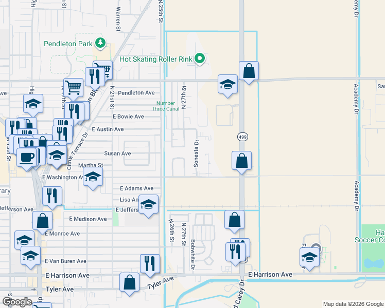 map of restaurants, bars, coffee shops, grocery stores, and more near 754 Sonesta Drive in Harlingen