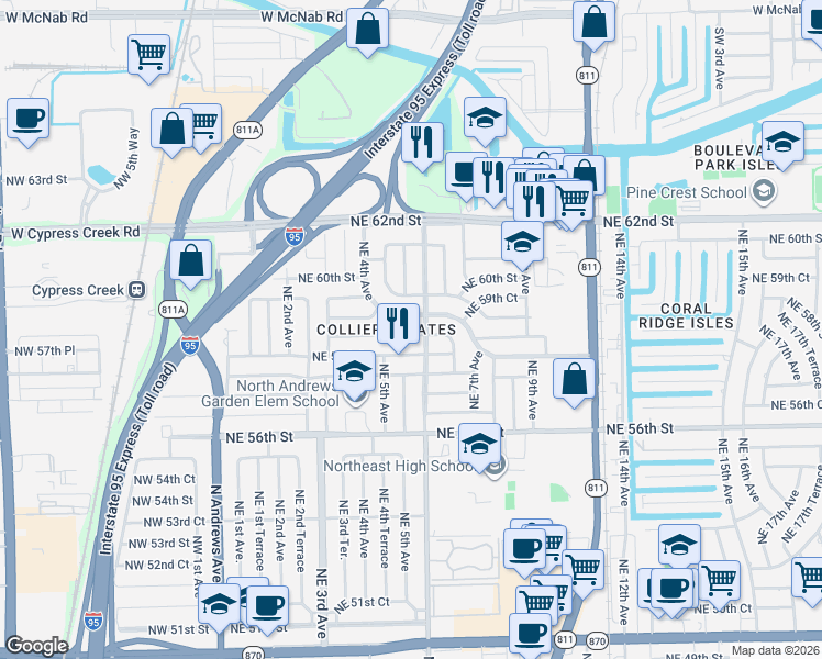 map of restaurants, bars, coffee shops, grocery stores, and more near 601 Northeast 59th Street in Fort Lauderdale