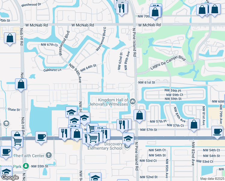 map of restaurants, bars, coffee shops, grocery stores, and more near 6015 Northwest 89th Avenue in Tamarac
