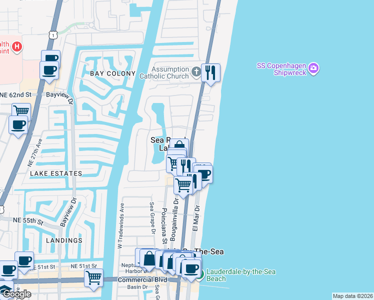 map of restaurants, bars, coffee shops, grocery stores, and more near 5100 North Ocean Drive in Lauderdale-by-the-Sea