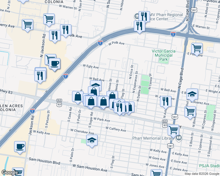 map of restaurants, bars, coffee shops, grocery stores, and more near 819 West Bell Avenue in Pharr