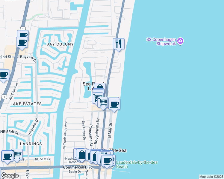 map of restaurants, bars, coffee shops, grocery stores, and more near 5100 North Ocean Drive in Lauderdale-by-the-Sea