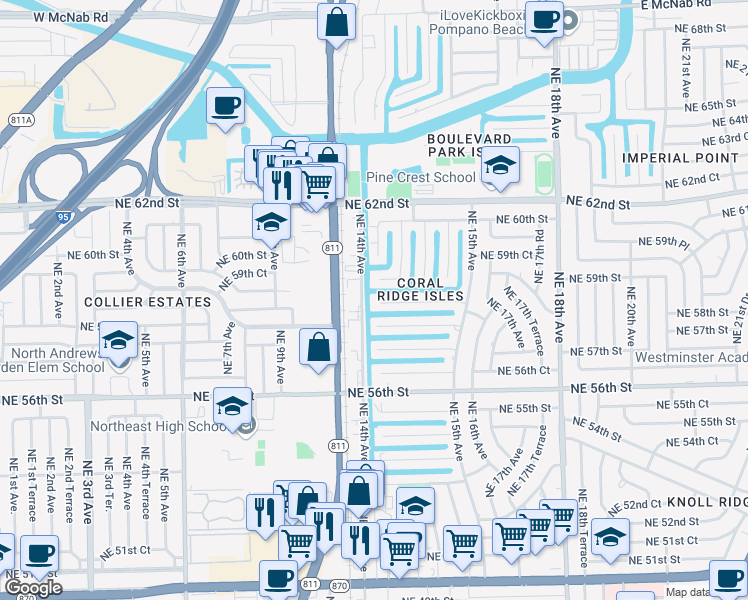 map of restaurants, bars, coffee shops, grocery stores, and more near 5843 Northeast 14th Avenue in Fort Lauderdale