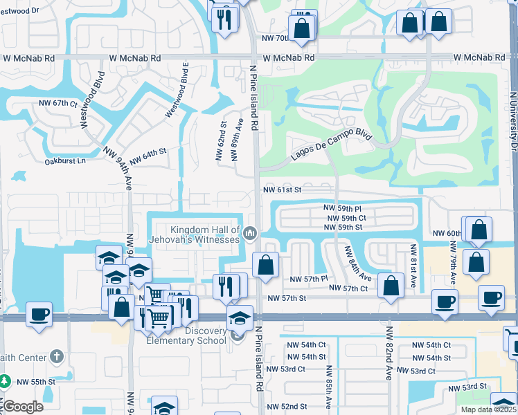 map of restaurants, bars, coffee shops, grocery stores, and more near 6062 Northwest 88th Avenue in Tamarac