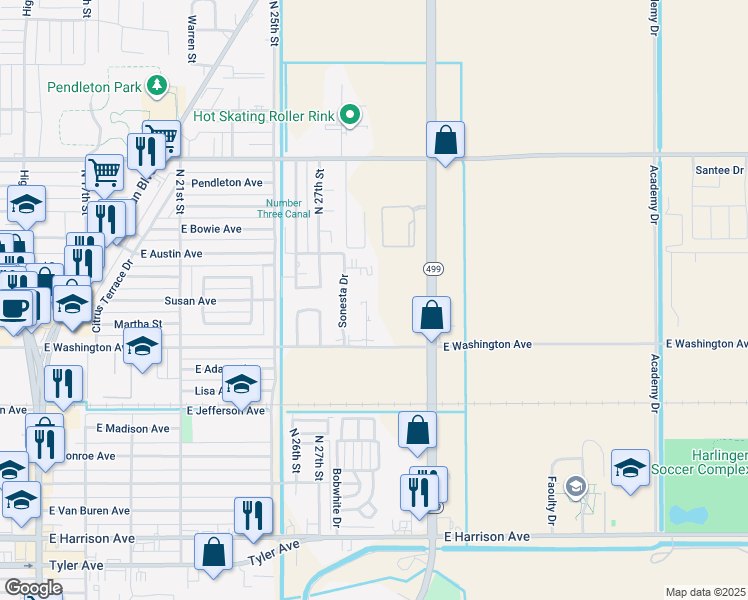 map of restaurants, bars, coffee shops, grocery stores, and more near 2521 Chuparosa Court in Harlingen