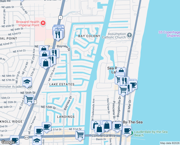 map of restaurants, bars, coffee shops, grocery stores, and more near 3320 Northeast 58th Street in Fort Lauderdale