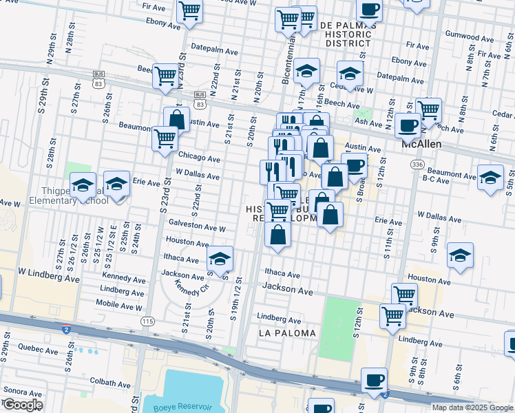 map of restaurants, bars, coffee shops, grocery stores, and more near 421 South 20th Street in McAllen