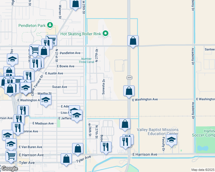 map of restaurants, bars, coffee shops, grocery stores, and more near 737 Sonesta Court in Harlingen